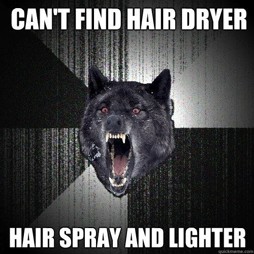 Can't find hair dryer Hair spray and lighter  Insanity Wolf