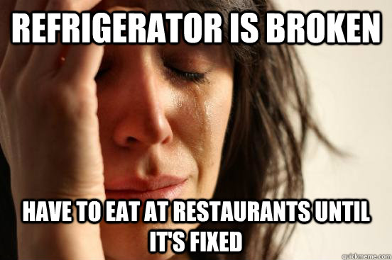 Refrigerator is broken Have to eat at restaurants until it's fixed - Refrigerator is broken Have to eat at restaurants until it's fixed  First World Problems