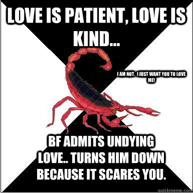 Love is patient, love is kind... I am not.  I just want you to love me! Bf admits undying love.. Turns him down because it scares you. - Love is patient, love is kind... I am not.  I just want you to love me! Bf admits undying love.. Turns him down because it scares you.  Borderline scorpion