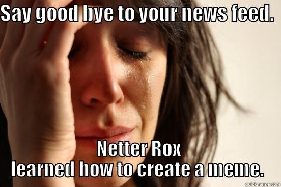 me make a meme - SAY GOOD BYE TO YOUR NEWS FEED.  NETTER ROX LEARNED HOW TO CREATE A MEME.  First World Problems