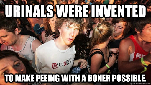 Urinals were invented to make peeing with a boner possible.  Sudden Clarity Clarence