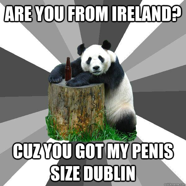 are you from ireland? Cuz you got my penis size dublin  Pickup-Line Panda