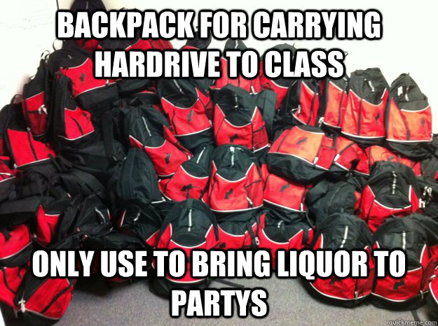 Backpack for carrying hardrive to class  Only use to bring liquor to partys - Backpack for carrying hardrive to class  Only use to bring liquor to partys  NESCom backpack