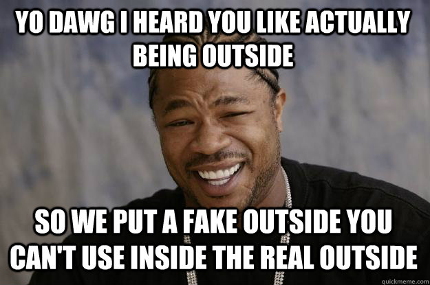 yo dawg i heard you like actually being outside so we put a fake outside you can't use inside the real outside  Xzibit meme
