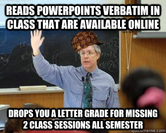 reads powerpoints verbatim in class that are available online drops you a letter grade for missing 2 class sessions all semester  Scumbag Professor