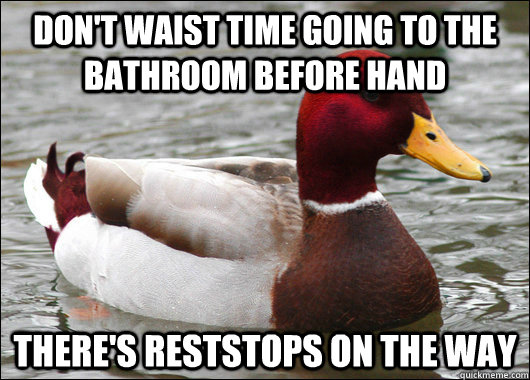 Don't waist time going to the bathroom before hand There's reststops on the way  Malicious Advice Mallard