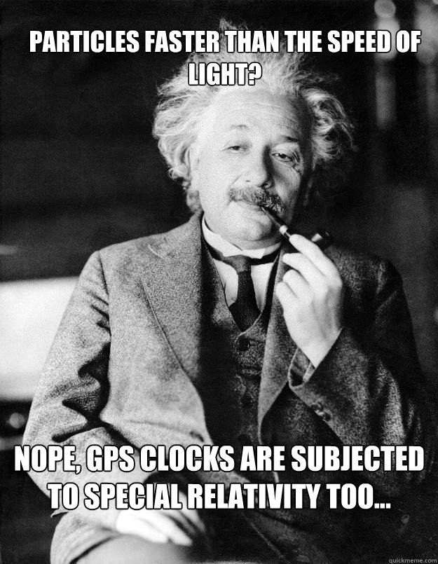 Particles faster than the speed of light? Nope, GPS clocks are subjected to special relativity too...  Einstein