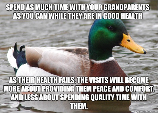 Spend as much time with your grandparents as you can while they are in good health As their health fails, the visits will become more about providing them peace and comfort, and less about spending quality time with them.  Actual Advice Mallard