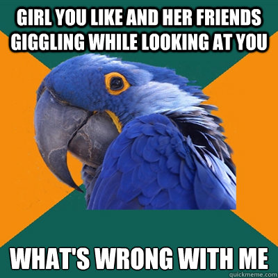 Girl you like and her friends giggling while looking at you What's wrong with me  Paranoid Parrot