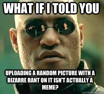 what if i told you uploading a random picture with a bizarre rant on it isn't actually a meme?  Matrix Morpheus