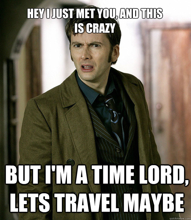


hey i just met you, and this
is crazy But I'm a time lord, lets travel maybe  Doctor Who