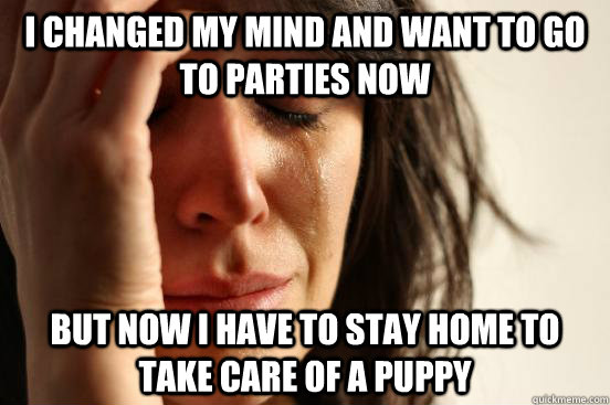 I changed my mind and want to go to parties now But now i have to stay home to take care of a puppy  First World Problems