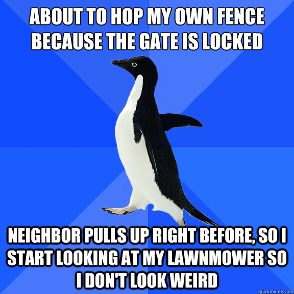 about to hop my own fence because the gate is locked neighbor pulls up right before, so i start looking at my lawnmower so i don't look weird  Socially Awkward Penguin