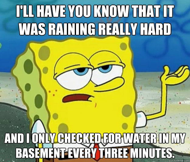 I'll have you know that it was raining really hard and I only checked for water in my basement every three minutes.  Tough Spongebob