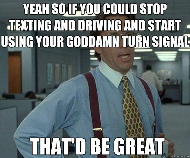 Yeah so if you could stop texting and driving and start using your goddamn turn signal That'd be great Caption 3 goes here  that would be great