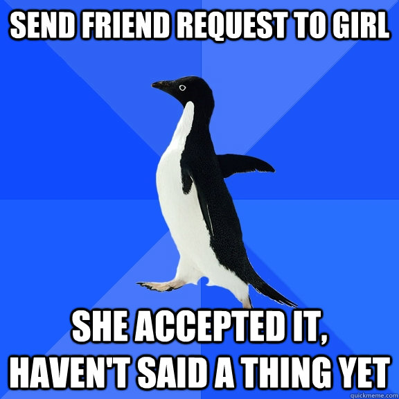 send friend request to girl She accepted it, haven't said a thing yet  Socially Awkward Penguin