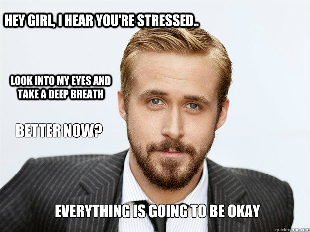 Hey Girl, I hear you're stressed.. Look into my eyes and take a deep breath Better now? Everything is going to be okay  Inspiring Ryan Gosling