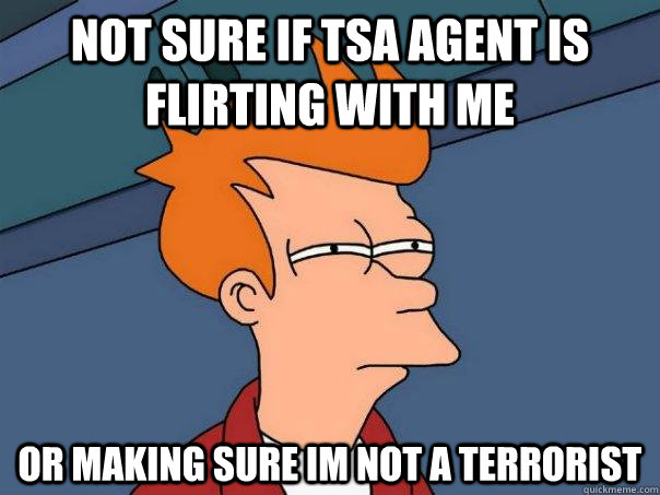 Not sure if TSA agent is flirting with me or making sure im not a terrorist  Futurama Fry