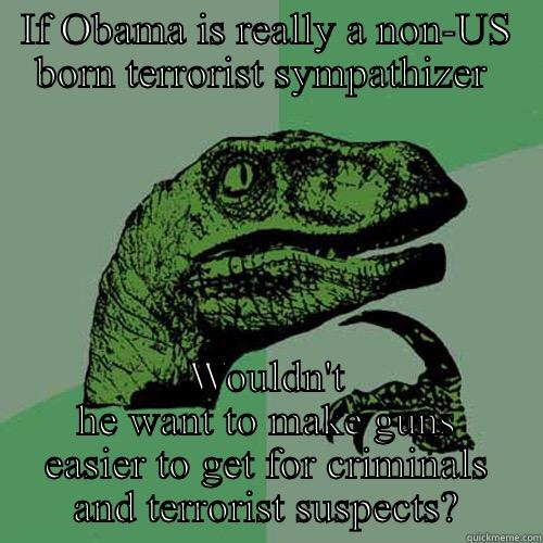 IF OBAMA IS REALLY A NON-US BORN TERRORIST SYMPATHIZER  WOULDN'T HE WANT TO MAKE GUNS EASIER TO GET FOR CRIMINALS AND TERRORIST SUSPECTS? Philosoraptor