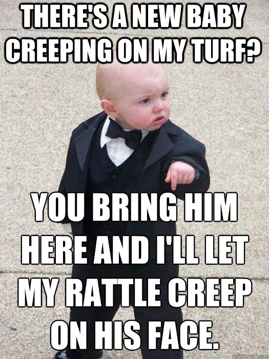 There's a new baby creeping on my turf? you bring him here and i'll let my rattle creep on his face.   Baby Godfather