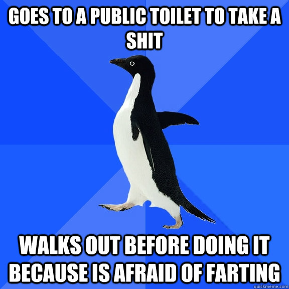 goes to a public toilet to take a shit  walks out before doing it because is afraid of farting  Socially Awkward Penguin