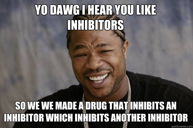 YO DAWG I HEAR YOU LIKE 
inhibitors SO WE we made a drug that inhibits an inhibitor which inhibits another inhibitor - YO DAWG I HEAR YOU LIKE 
inhibitors SO WE we made a drug that inhibits an inhibitor which inhibits another inhibitor  Xzibit meme