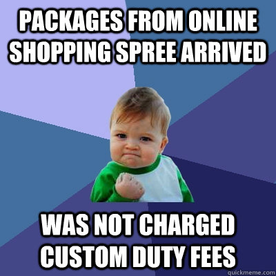 Packages from online shopping spree arrived Was not charged custom duty fees  Success Kid