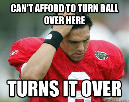 can't afford to turn ball over here turns it over  Off The Mark Sanchez