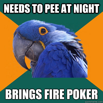 needs to pee at night brings fire poker  Paranoid Parrot