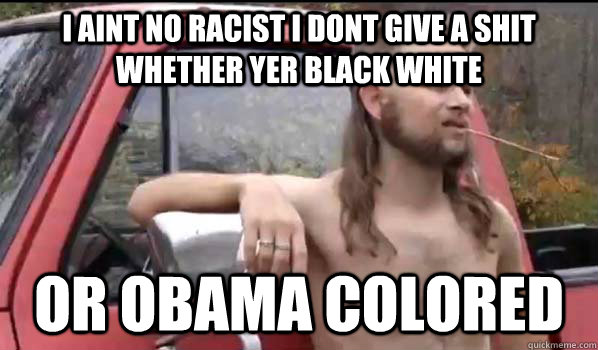 I aint no racist I dont give a shit whether yer black white or obama colored  Almost Politically Correct Redneck
