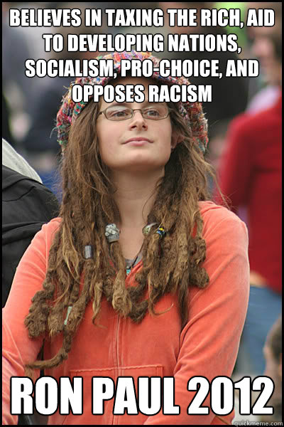 Believes in taxing the rich, aid to developing nations, socialism, pro-choice, and opposes racism Ron Paul 2012  College Liberal