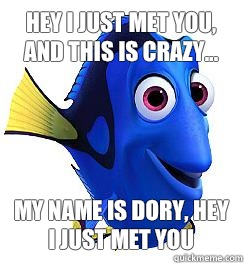 hey i just met you, and this is crazy... My name is dory, hey I just met you  Hey I just met you dory meme