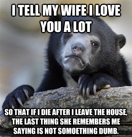 I tell my wife I love you a lot So that if I die after I leave the house, the last thing she remembers me saying is not somoething dumb.  Confession Bear