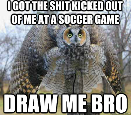 i got the shit kicked out of me at a soccer game draw me bro - i got the shit kicked out of me at a soccer game draw me bro  Battle owl