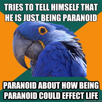 Tries to tell himself that he is just being paranoid paranoid about how being paranoid could effect life  Paranoid Parrot
