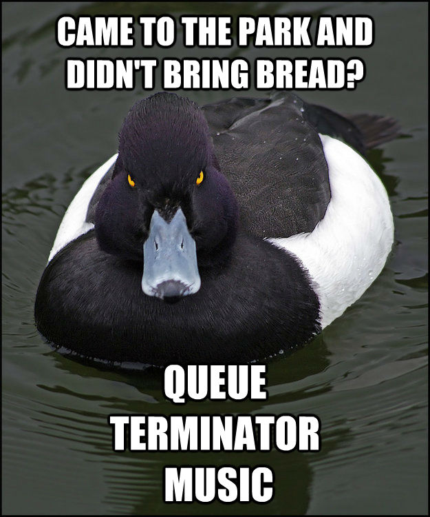 CAME TO THE PARK AND DIDN'T BRING BREAD? QUEUE 
TERMINATOR
 MUSIC - CAME TO THE PARK AND DIDN'T BRING BREAD? QUEUE 
TERMINATOR
 MUSIC  Angry Advice Duck