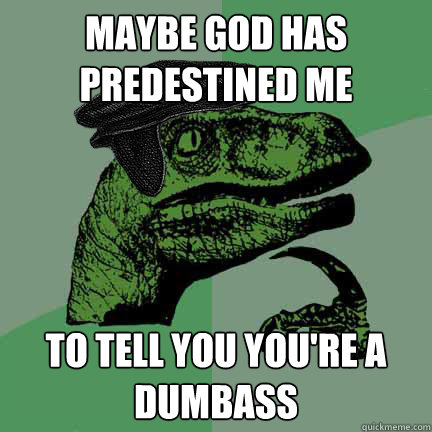 Maybe God has predestined me  To tell you you're a dumbass   Calvinist Philosoraptor