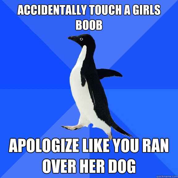 Accidentally touch a girls boob Apologize like you ran over her dog  Socially Awkward Penguin