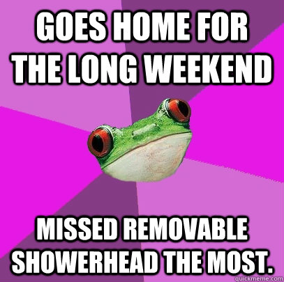 Goes home for the long weekend missed removable showerhead the most. - Goes home for the long weekend missed removable showerhead the most.  Foul Bachelorette Frog