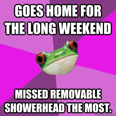 Goes home for the long weekend missed removable showerhead the most.  Foul Bachelorette Frog