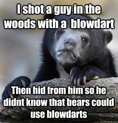 I shot a guy in the woods with a  blowdart Then hid from him so he didnt know that bears could use blowdarts  Confession Bear