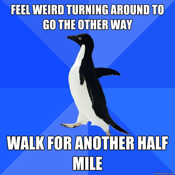 Feel weird turning around to go the other way Walk for another half mile  Socially Awkward Penguin