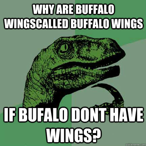 why are buffalo wingscalled buffalo wings if bufalo dont have wings?  Philosoraptor