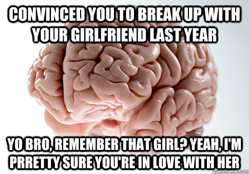 Convinced you to break up with your girlfriend last year Yo bro, remember that girl? Yeah, i'm prretty sure you're in love with her  Scumbag Brain