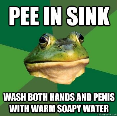 Pee in Sink Wash both hands and penis with warm soapy water  Foul Bachelor Frog