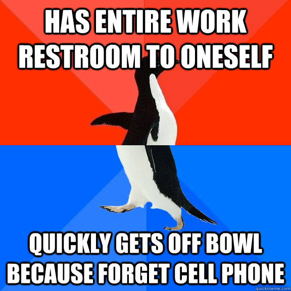 Has entire work restroom to oneself Quickly gets off bowl because forget cell phone  Socially Awesome Awkward Penguin
