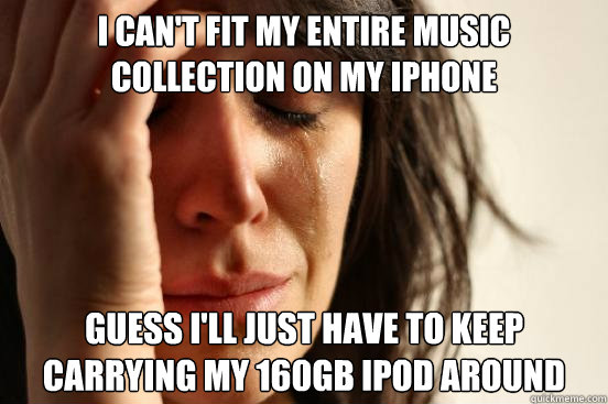 I can't fit my entire music collection on my iphone guess i'll just have to keep carrying my 160GB ipod around  First World Problems