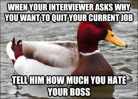 when your interviewer asks why you want to quit your current job tell him how much you hate your boss  Malicious Advice Mallard