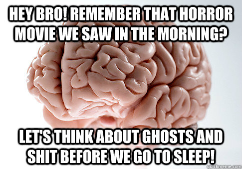 Hey bro! Remember that horror movie we saw in the morning? Let's think about ghosts and shit before we go to sleep!  Scumbag Brain