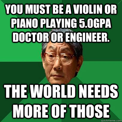 You must be a violin or piano playing 5.0gpa doctor or engineer. The world needs more of those  High Expectations Asian Father